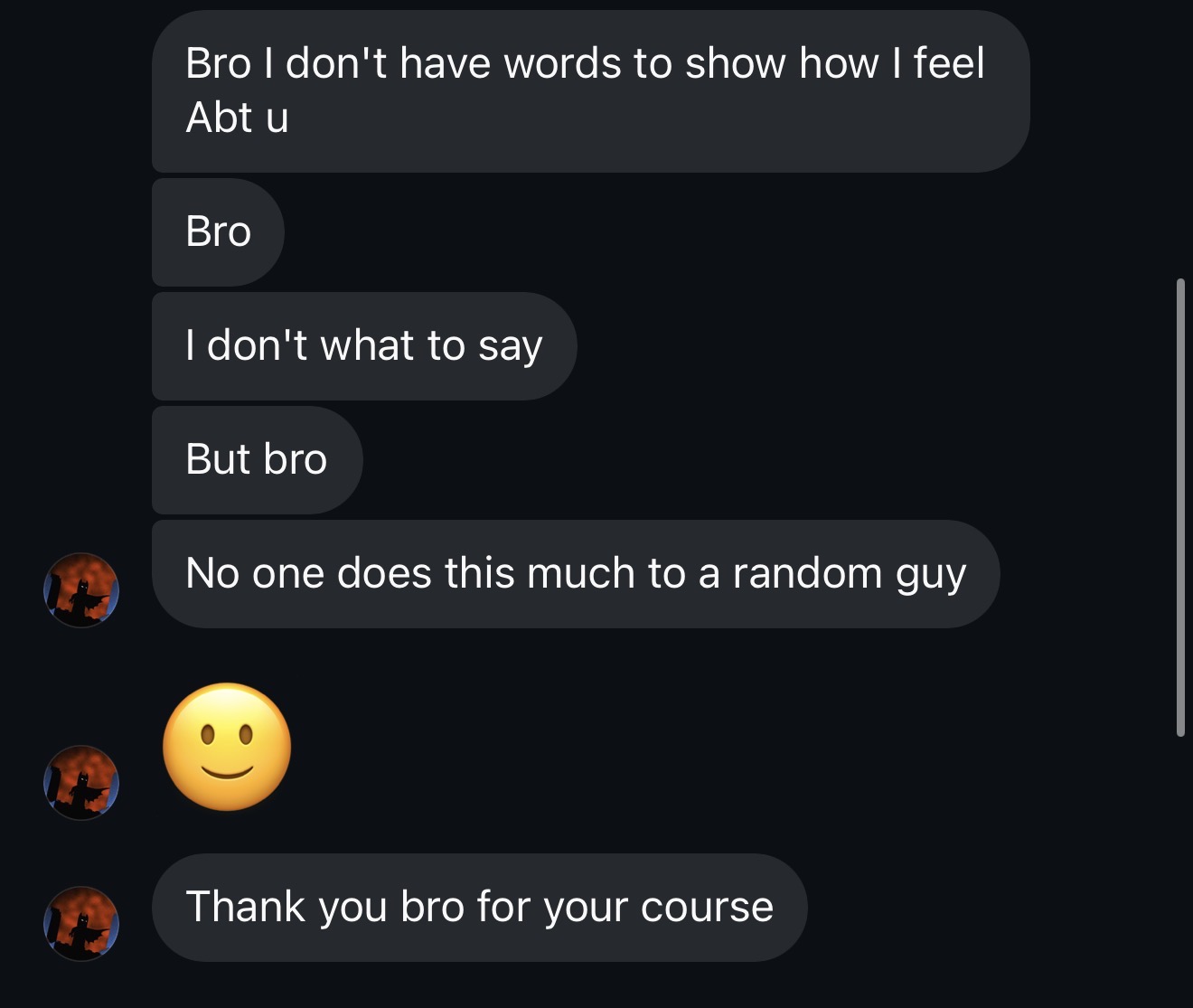 Member message thanking Dom for the course